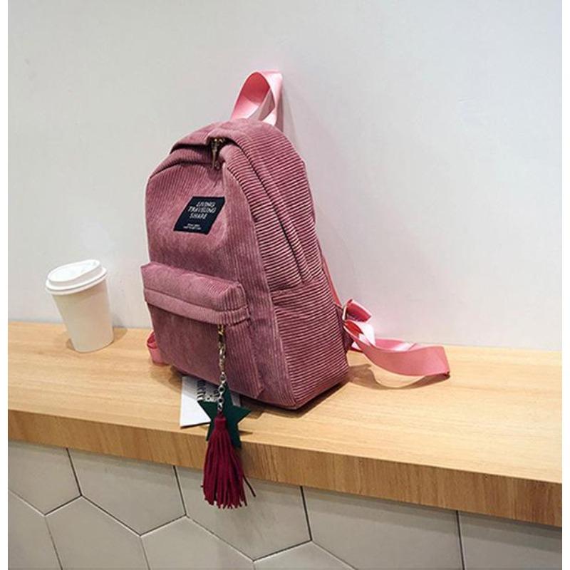 Women School Soulder Bag Tassel Corduroy Backpack Preppy Style Knapsack