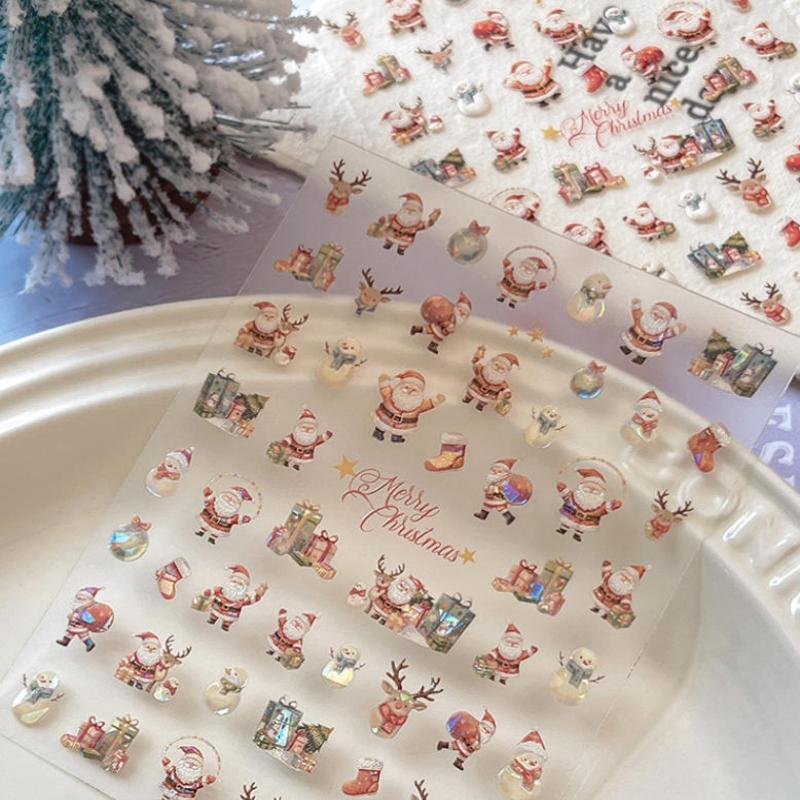 Weihnachts-Nagelsticker Schneeflocken Relief 3D Weihnachtsbaum Weihnachtsmann Elch Schneemann Cartoon Tragen Nagelsticker Maniküre Dekor