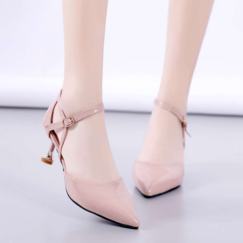 Korean version 2025 summer new pointed patent leather thin heel high heel sandals middle heel bag head one-word buckle sexy and thin women's shoes