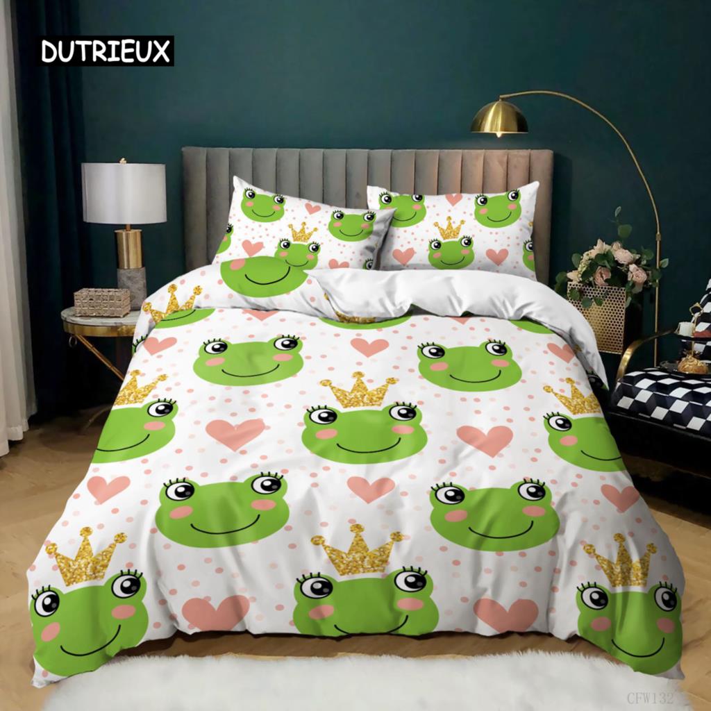 Cartoon Frog Duvet Cover Set Light Green Cartoon Frogs Cute Dragonfly Animal Bedding Set for Kid Twin Size Polyester Quilt Cover