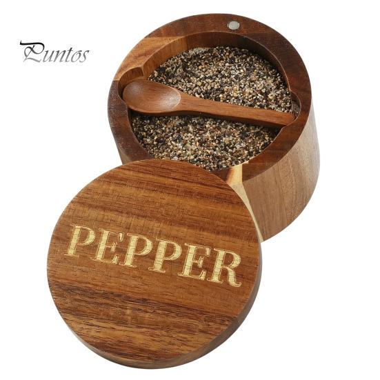 Reusable Wooden Seasoning Box Wood Salt Container with Swivel Magnetic Lid, Built-in Spoon Decorative Spice Keeper Jar, Moisture Proof for Kitchen