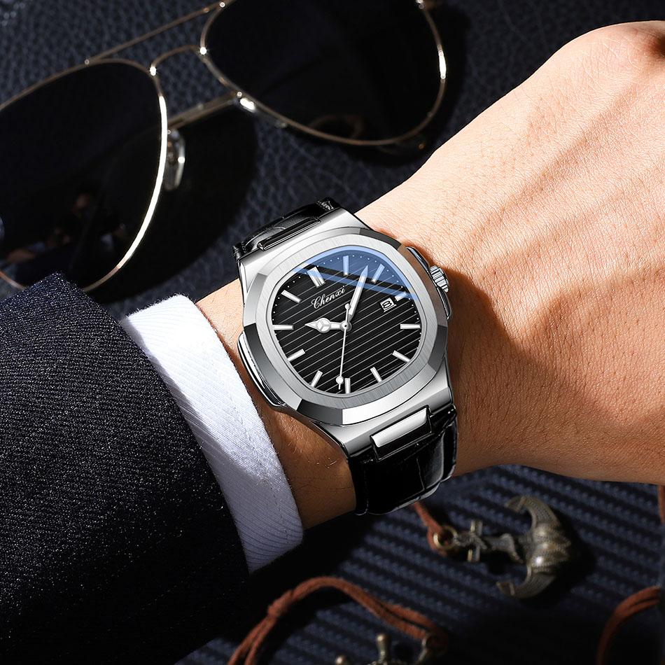 CHENXI Watches For Male Classic Fashion Concise Belt Strap Quartz Calendar Luminous Waterproof Round Silver Men's Watch