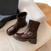 Maillard Brown Leather Martin Boots Women's Autumn and Winter New British Style Retro Versatile Thick Heel Short Boots Children
