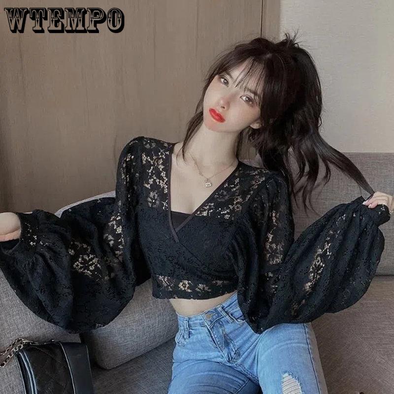 Jarní Černé Bílé Krajkové Halenky Dámské Elegantní Výstřih do V Dlouhý Bufetový Rukáv Otevřená Záda Krátké Topy Dámské Párty Slim Košile