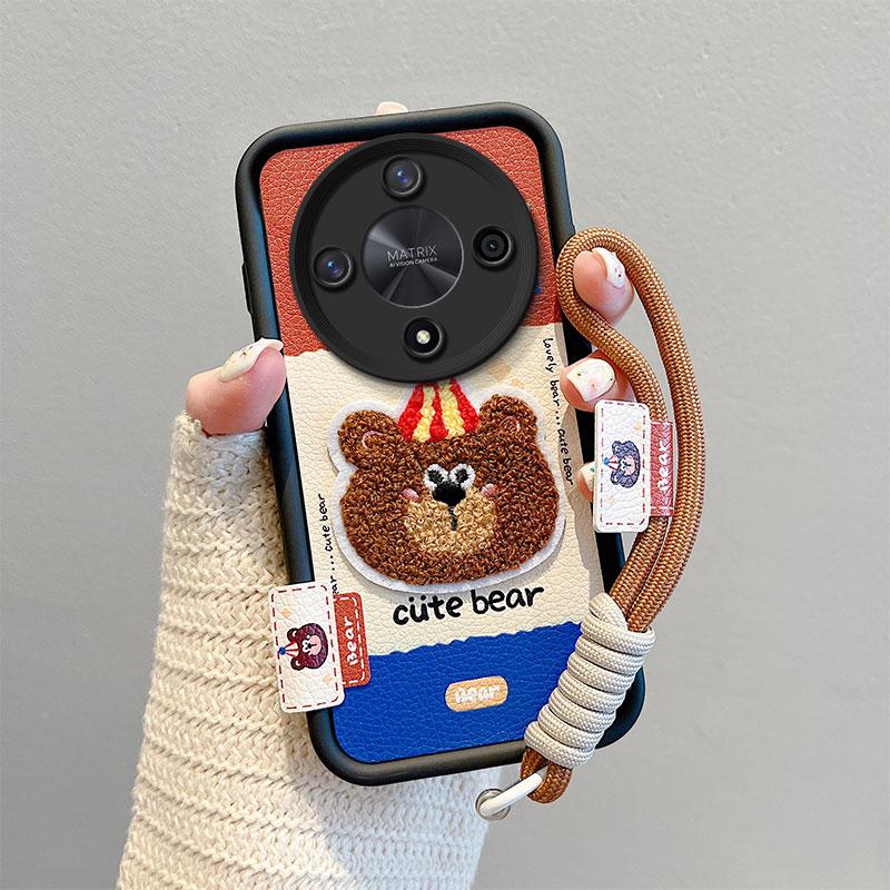 KEYSION Cartoon Cute Plush Embroidery Case for HONOR X9b 5G with Lanyard Shockproof Phone Back Cover for Huawei Magic 6 Lite 5G
