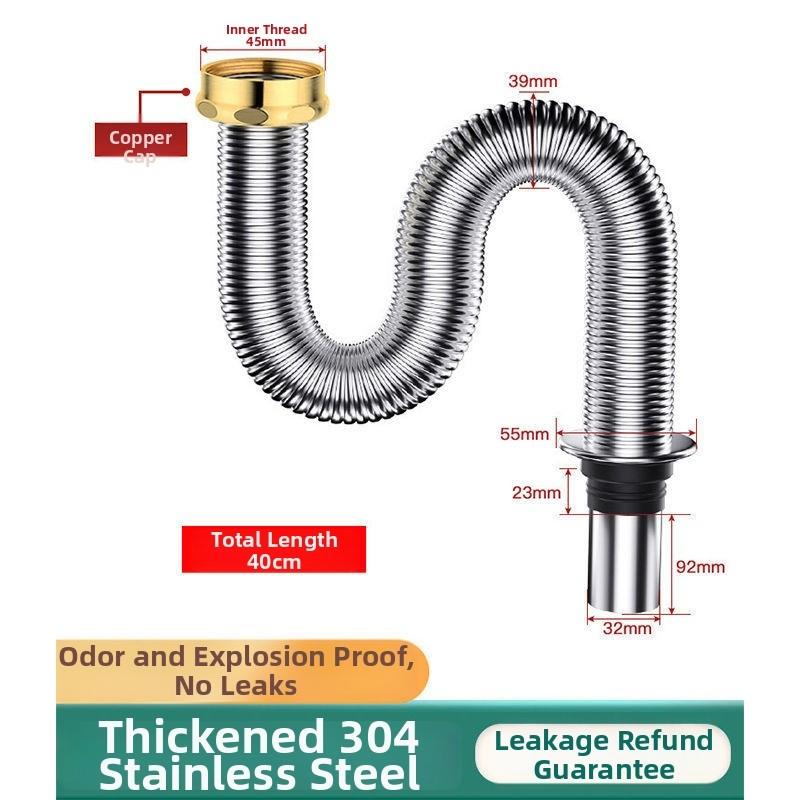Kitchen Sink Drain Pipe Stainless Steel 304, 40 Cm Length, Leak-Proof And Odor-Blocking, Easy Installation, For Home-Use