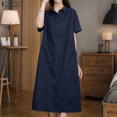 Women Casual Turn Down Collar Loose Short Sleeve Shirt Dress