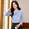 Women's Long Sleeve Blue Bow Chiffon Blouse - Professional French Workwear