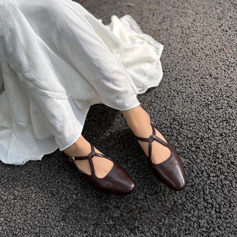 Johnature Cross Belt Mary Jane Shoes Genuine Leather Flats Round Toe Soft Soled Women's Shoes