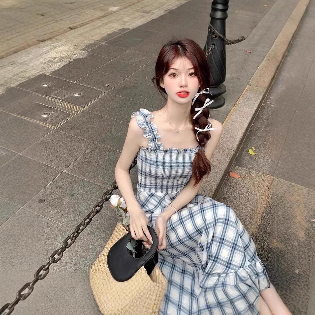 Women's Retro Plaid Sleeveless Summer Midi Dress with Slim Waist