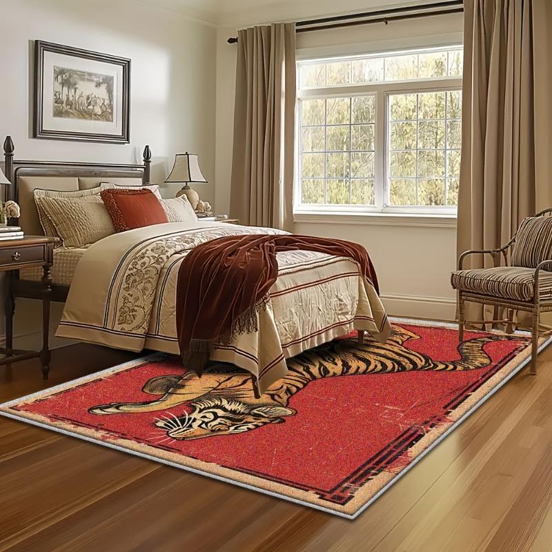 Tiger Patterned Carpets for Dormitories and Living Rooms, Animal Patterns, Red Home Decor Mats for Both Indoor and Outdoor Use