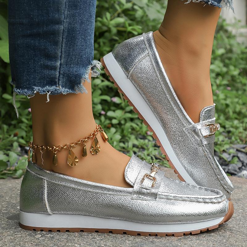 Fashion Gold Silver Metal Chain Flats Shoes Women Spring Autumn Plus Size Platform Loafers Woman Slip On Soft Bottom Casual Shoes Female