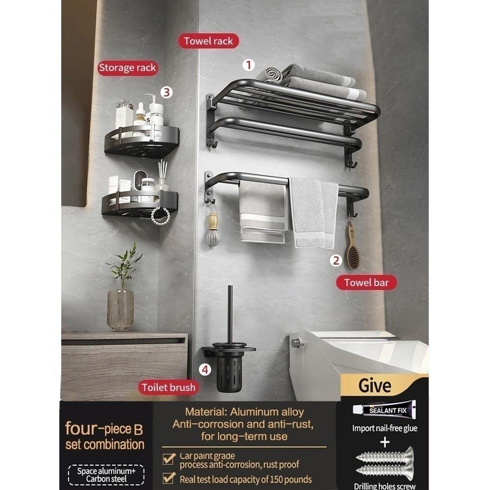 No Drill Bathroom Hardware Towel Rack Black 40CM-60CM Folding Aluminum Towel Rack Holder With Hook Towel Holder Tissue Holder