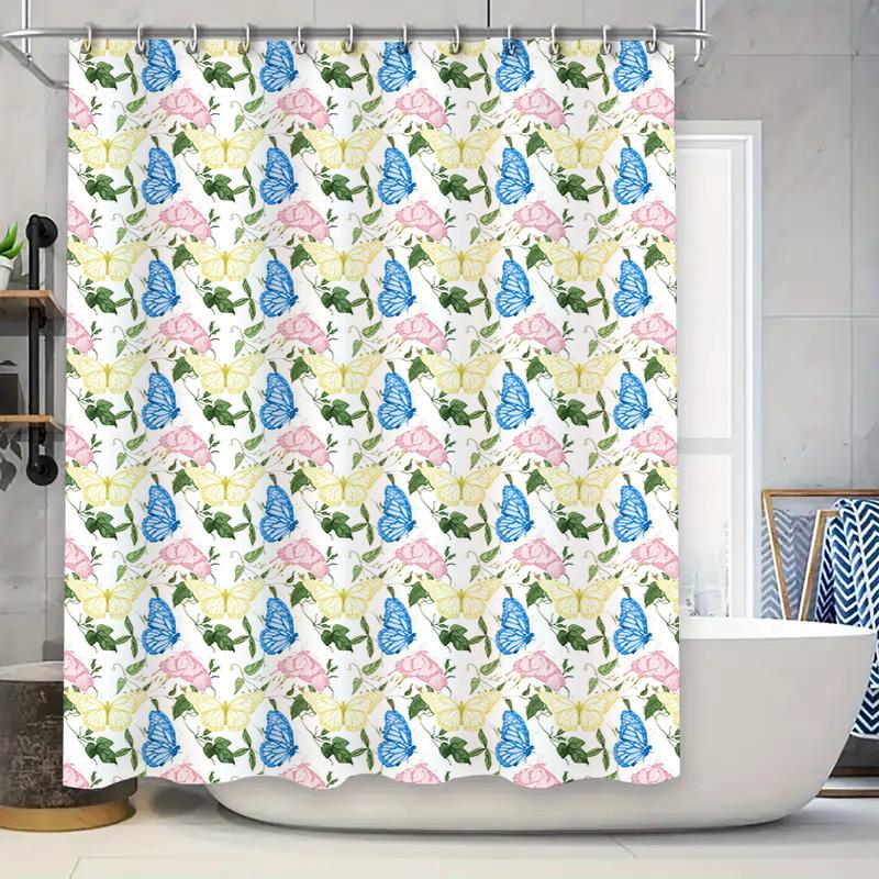 

Floral Print Shower Curtain: Modern Bath Decor With Pink Flowers, Green Leaves Navy Blue Stems Waterproof Fabric For Bathroom Us W60H190(CM)-1 Pcs