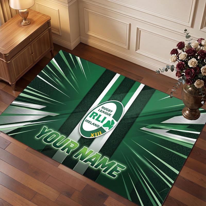 Ireland Rugby Personalized Crystal Velvet Carpet, Customized Name Text Soft Anti‑Slip Rug for Living Room Bedroom