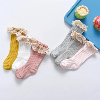 Calcetines para niñas de primavera y otoño con encaje a rayas de princesa, calcetines largos para niños, deportivos e informales para niños de 0 a 5 años