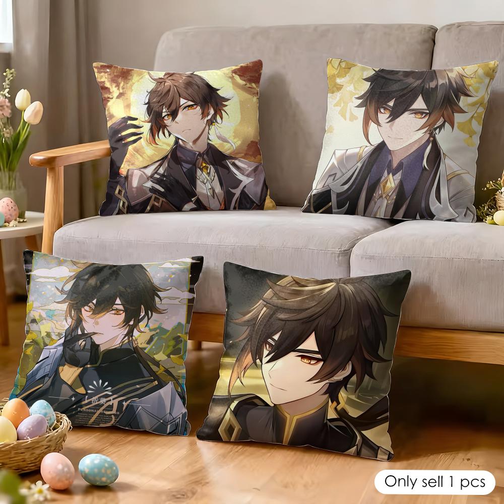 Zhongli Genshin Impact Cute Cushion Cover Silky Short Plush Invisible Zipper Dustproof Sofa Pillow Case For Home Decor