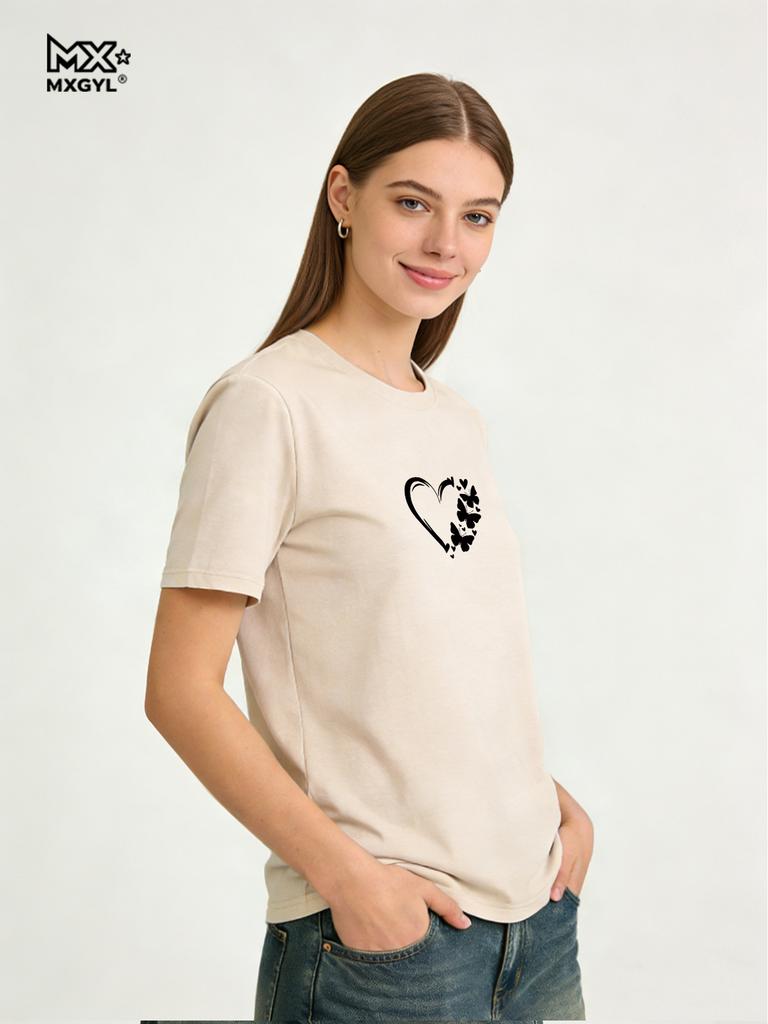 Lovely Heart Butterfly Printed T-shirts For Women High Quality Breathable Tees Ladies Home Outdoor Casual Sports Fashion Tops