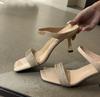 French rhinestone square toe cool slippers women's outer wear 2025 summer new versatile stiletto high heel one-word sandals