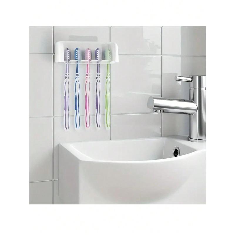 A 5-Tooth Brush Holder With Cover, Self-Adhesive Wall Toothbrush Storage Holder, Plastic Bathroom Supplies For Dorm Rooms And Showers