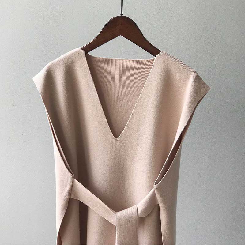 Split Hem Waist Coat with Belt Women's Autumn and Winter V-neck Knitted Vests Outer Wear Korean Version Loose Vest Women's Sleeveless Top