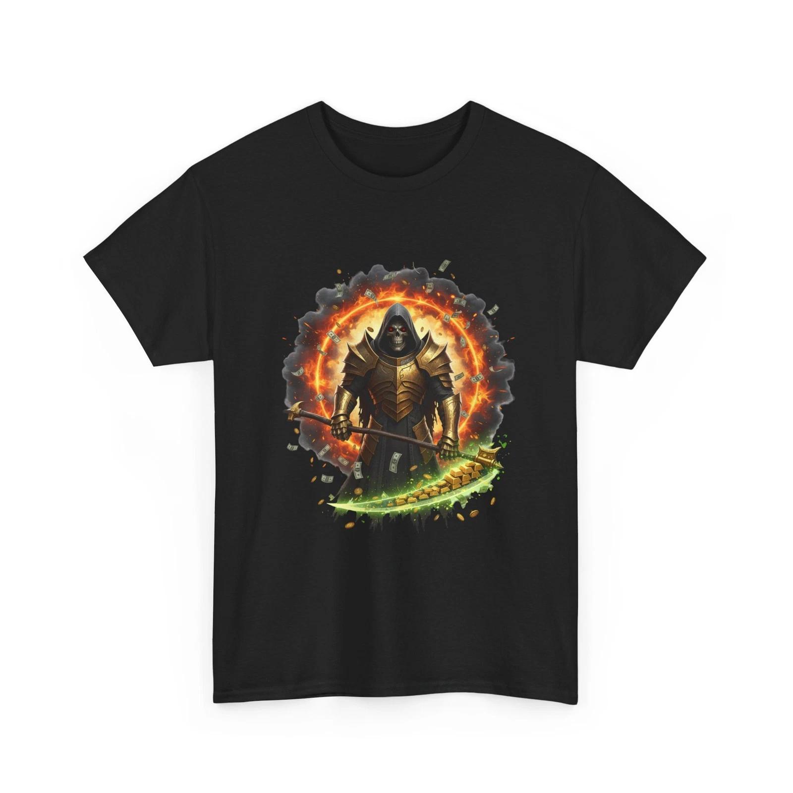 

Armored Dark Grim Reamer T-Shirt | Flaming Portal, Sword & Shield Money, Gold 3D 4XL