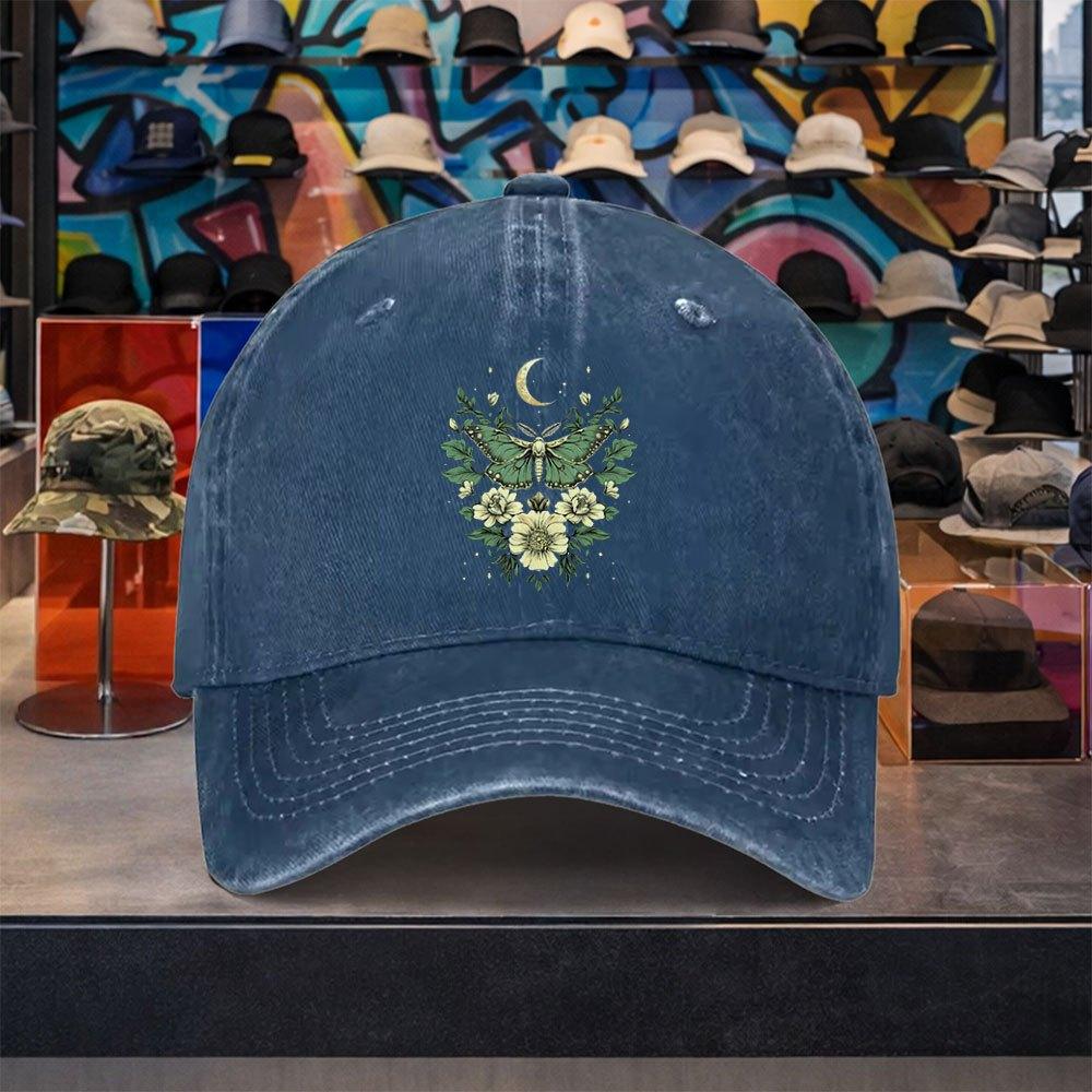 Moth Butterfly Moon Floral Baseball Cap Distressed Washed Cotton Adjustable Sun Hat Unisex Outdoor Travel