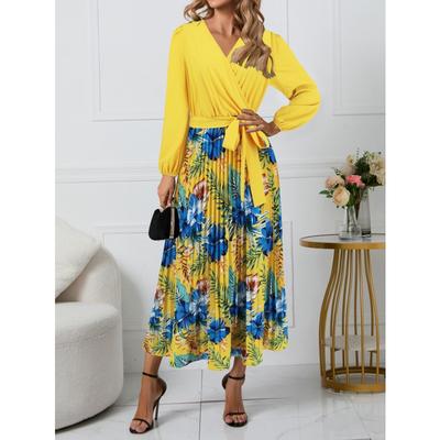 Spring and Autumn Women's Fashion Slim Temperament V-neck Printed Dress Long Sleeve Pressure Pleated Dresses