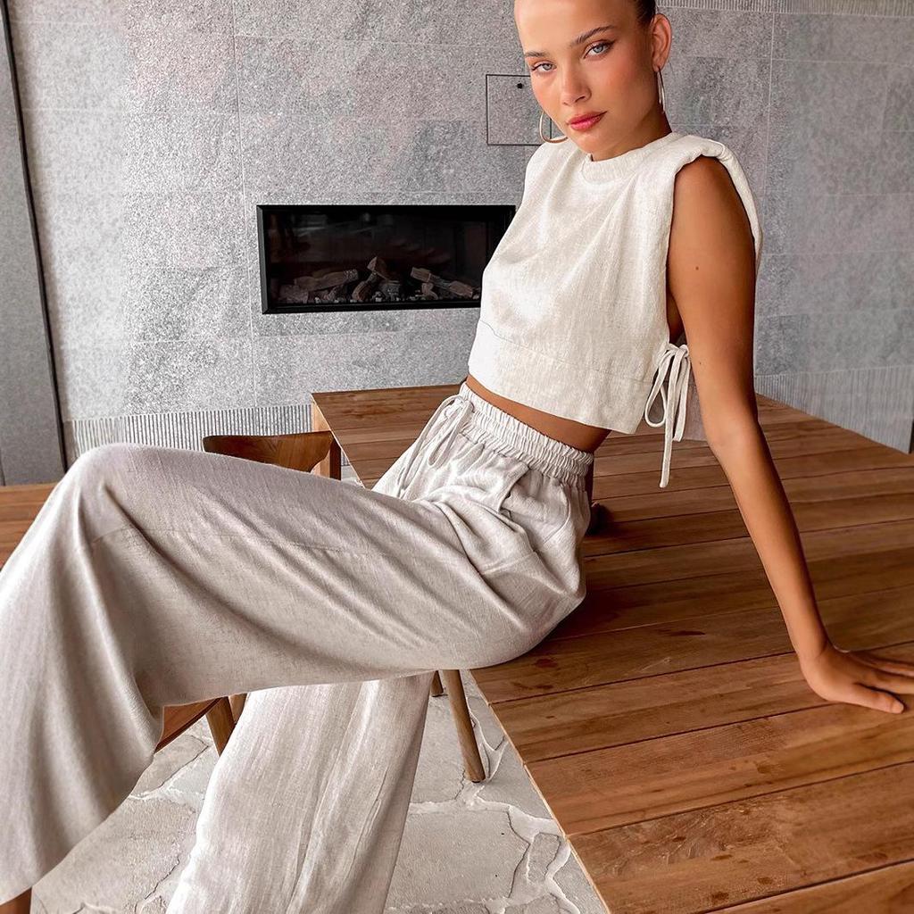 2024 Summer Women's Cotton Linen Two-Piece Set: Sleeveless Shoulder Pad Top & Trousers – European-American Casual Fashion