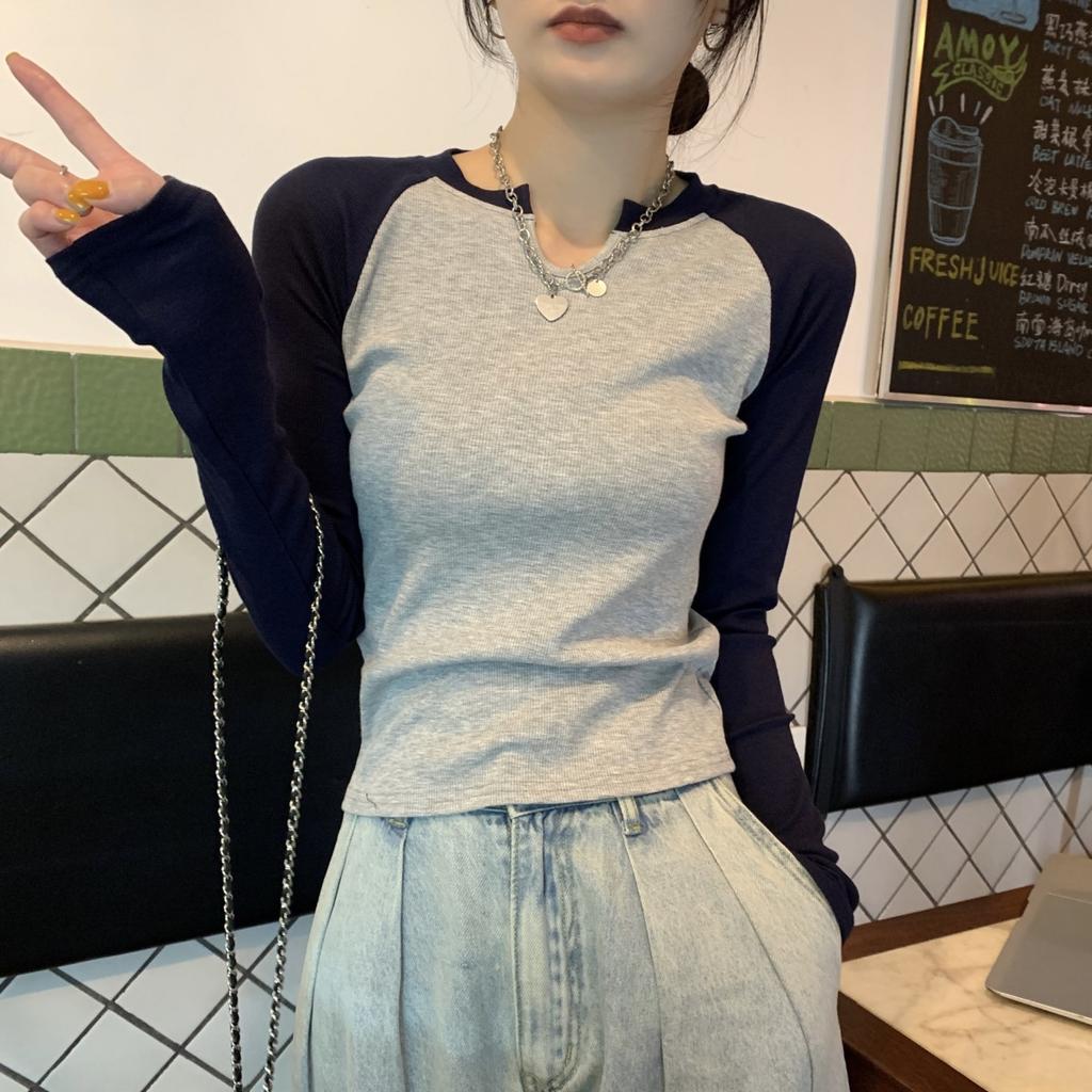 Designed Contrasting Color Half-open Collar Slim Fit Long-sleeved T-shirt Women's Early Autumn New Versatile Student Tops