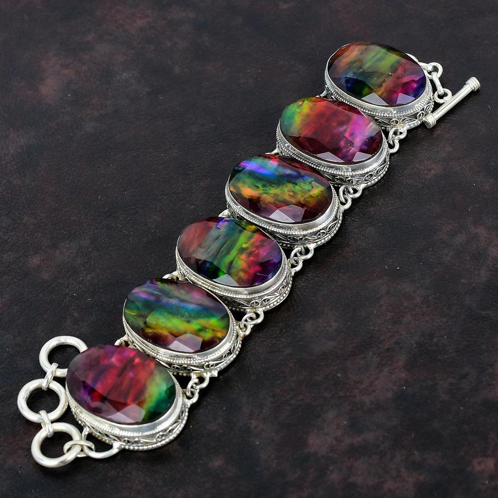 Faceted Ammolite Bracelet Gemstone Vintage Bracelet 925 Sterling Silver Bracelet Adjustable Chain Bracelet Handmade Natural Ammolite Jewelry