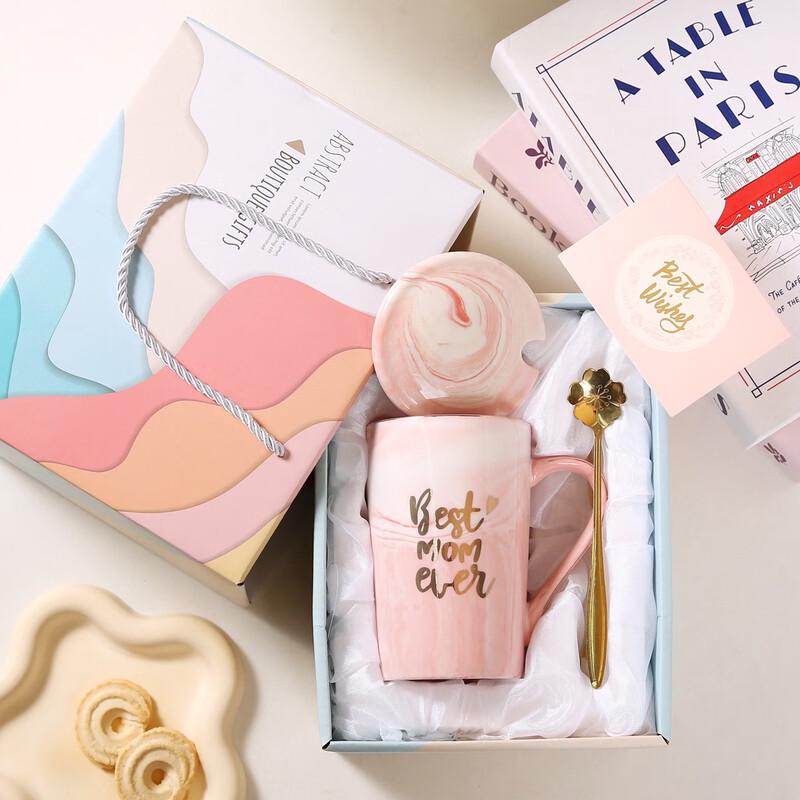 MOZHOU Marble Ceramic Coffee Mug Gift Set with Lid & Spoon