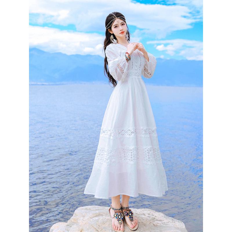 Hand-Crocheted Lace Trim V-Neck Lantern Sleeve Beach Dress - French Hollow Out Style