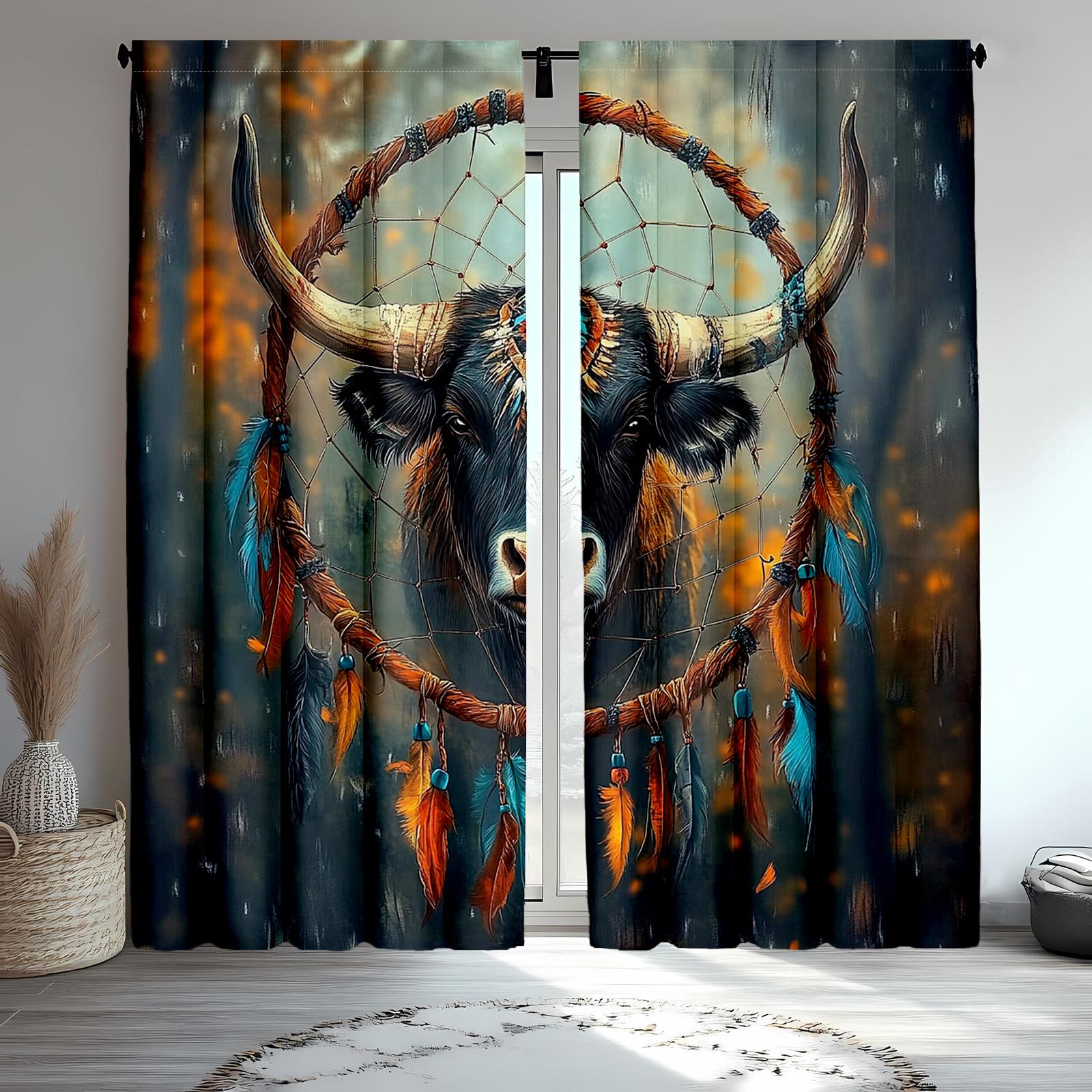 

2pcs Highland Cow Dreamcatcher Curtains - Boho Chic Feather Design Semi-Transparent Polyester Drapes with Vibrant Autumnal Fore 100*130 HOOK 1pcs