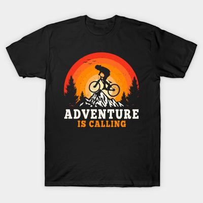 Asian Size Men Print T-shirt Adventure Is Calling Mountain Bike Sunset No-Cut Heat Transfer Print Cotton Tshirt