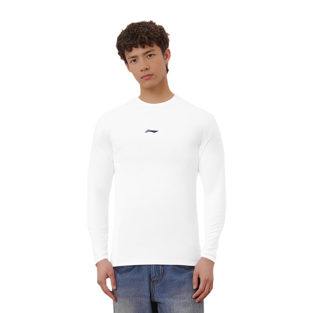 Li Ning Badfive Round Neck Logo Pullover Breathable Quick-Dry Stretch Long Sleeve T-Shirt Men Tops White AAEU017-2