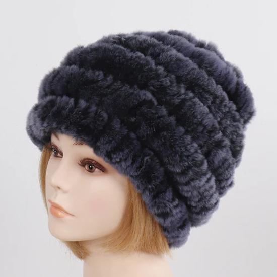 

Русская зимняя шапка из натурального меха, женская вязаная шапка-бомбер из натурального меха кролика рекс, женская натуральная теплая шапка из 100% натурального меха кролика рекс Good elasticity синий