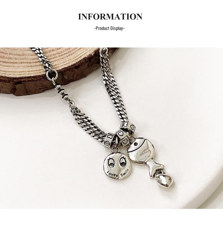 S925 Sterling Silver Heavy Industry Smiley Face Necklace Women's 2022 Retro Thai Silver Clavicle Chain