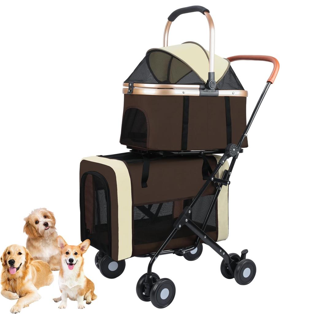 JZOOOZ Separate Pet Cart for Multiple Pets with 4 Swivel Front and Rear Wheel Easy To and (Size 58x46x97cm, Brown) Wheels, 2-Tier Design, Casters,