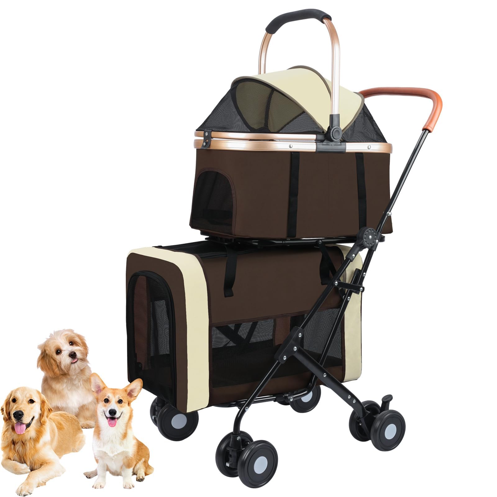 

JZOOOZ Separate Pet Cart for Multiple Pets with 4 Swivel Front and Rear Wheel Easy to and (Size 58x46x97cm, Brown) Wheels, 2-Tier Design, Casters,