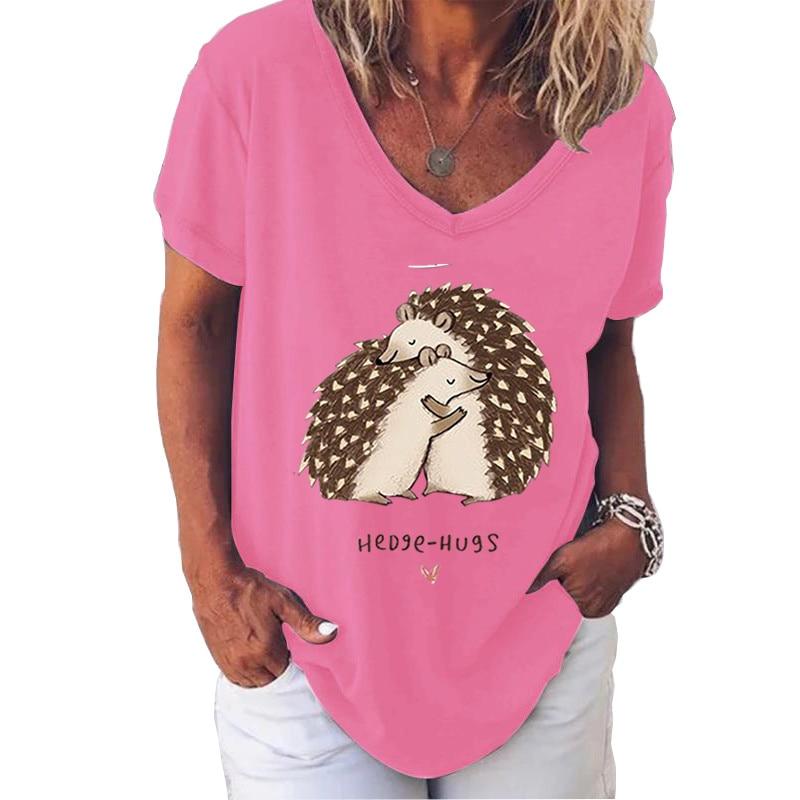 Fashion Spring  Hedgehog Print Blouses Short Sleeved V-Neck T Shirts Casual