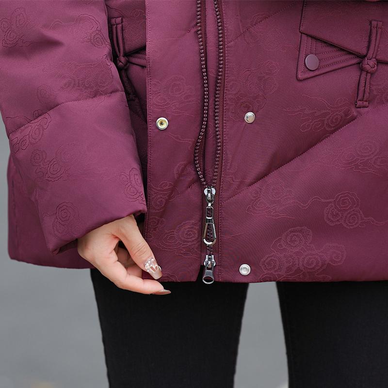 Kobiety w średnim wieku Zimowe Krótkie Kurtki Puchowe Vintage Parki z Haftem z Kapturem Eleganckie Grube Ciepłe Rozmiar Plus Płaszcze Puchowe Damska Odzież Wierzchnia