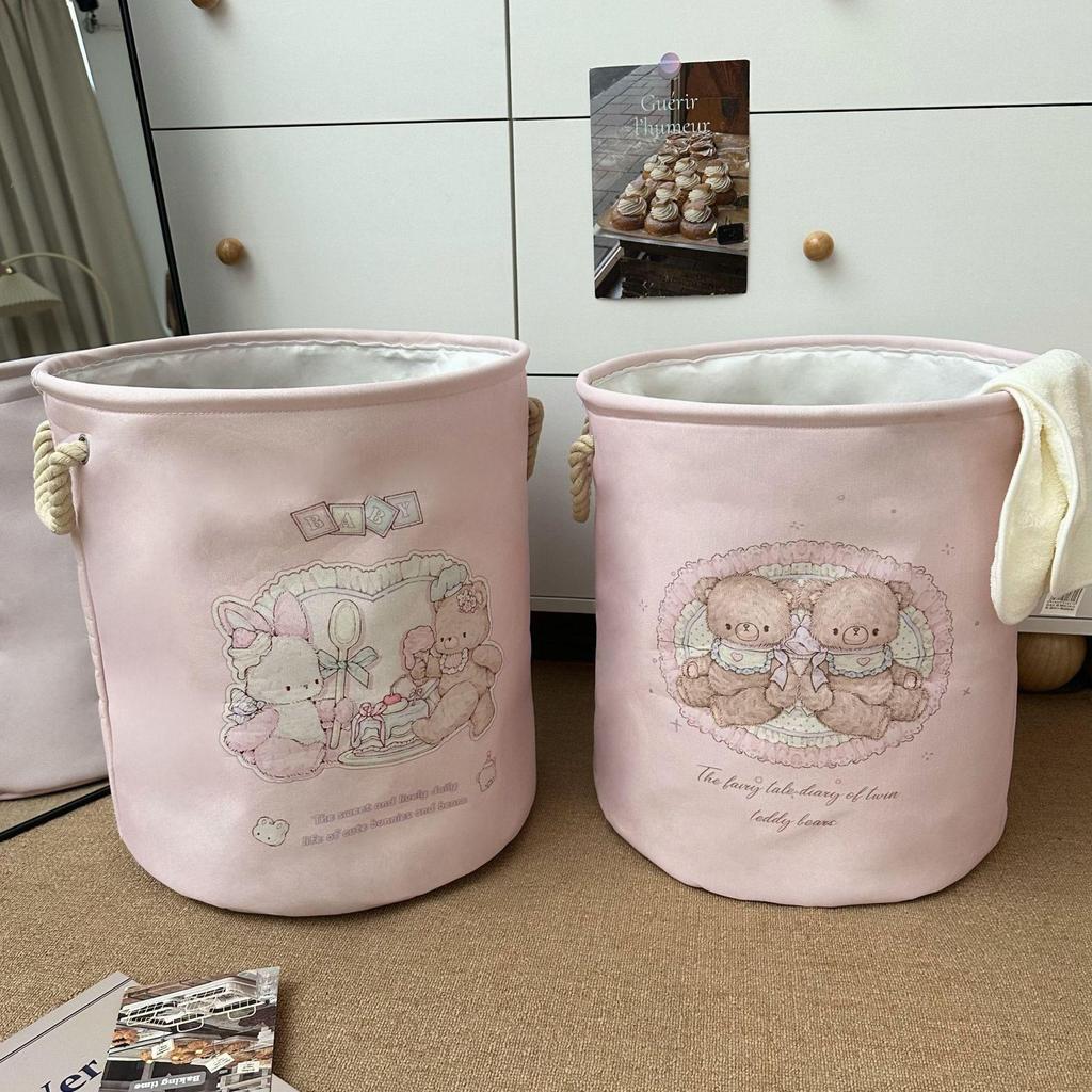 Girly Cartoon Bear Laundry Basket - Large Capacity, Foldable Storage Bin for Clothes & Plush Toys
