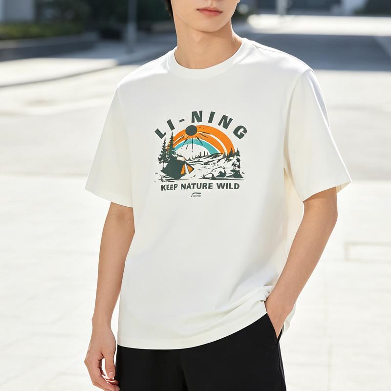 Li-Ning Summer Mens Printed Solid Color Round Neck Short Sleeve Comfortable Breathable Skin-Friendly Versatile Trendy T-Shirt Men tops AHSV337-3