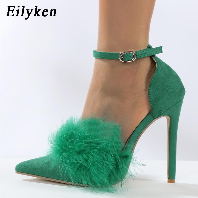 

Eilyken/Новый дизайн, женские сандалии, модные летние туфли с нечеткими перьями на тонком каблуке, пикантные туфли для стриптизерши с острым носком для ночного клуба