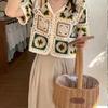Retro Crochet Short-sleeved Shirt Female Summer Design Sense Niche Foreign Unique Chic Small Shirt Short Paragraph Tops Casual Slim Fit Pullovers Tees