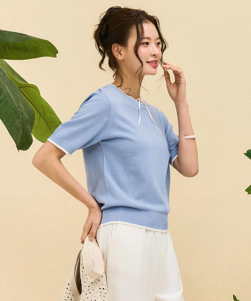 CHASECULT Women'S Crew Neck Contrast Tip Sweater - Sky Blue