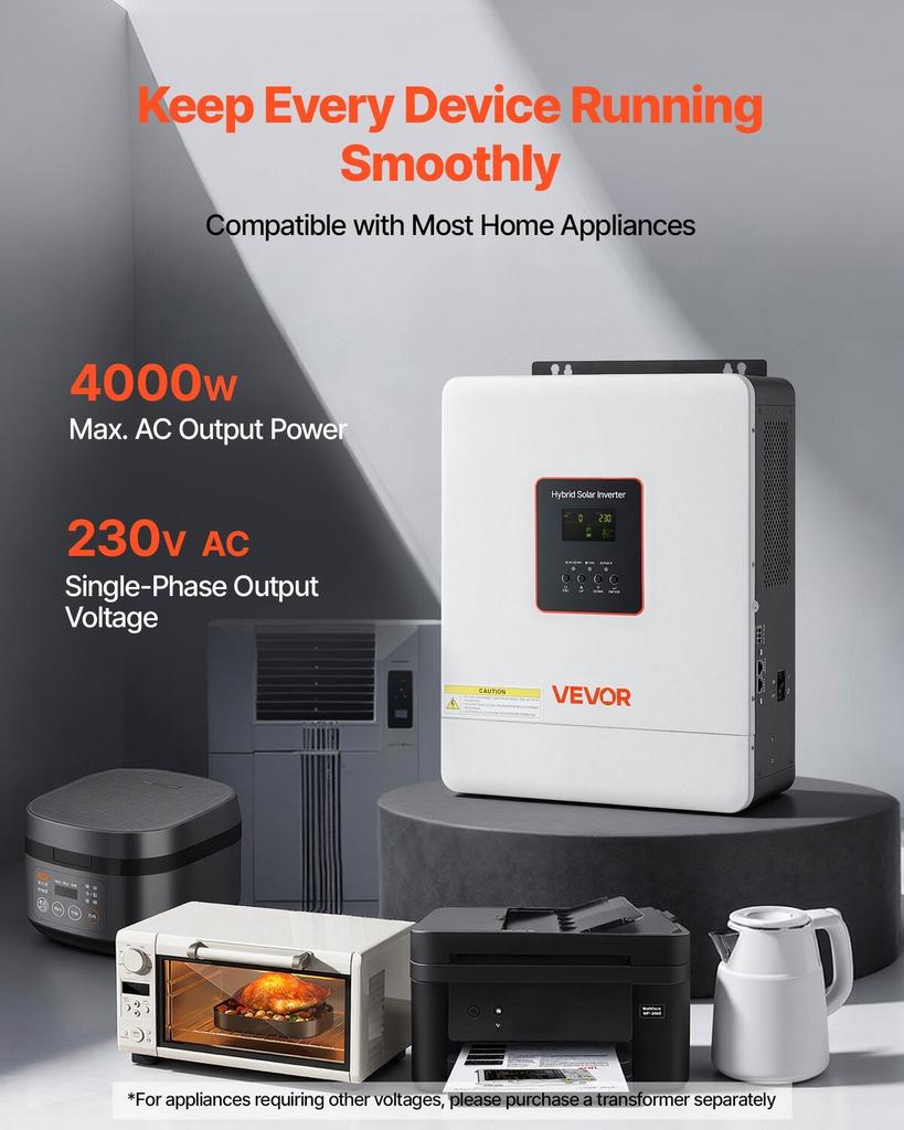 4000W hibridinis saulės keitiklis, 24V DC į 230V AC, grynos sinusinės bangos galios keitiklis įkroviklis, su integruotu 120A MPPT saulės valdikliu, WiFi moduliu,