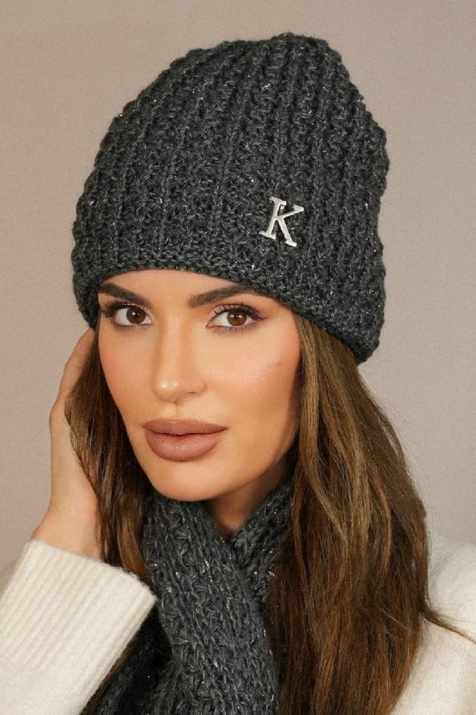 Winter Hat with Lurex Decorated with the Letter "K" Graphite Color Kamea-Kosmos