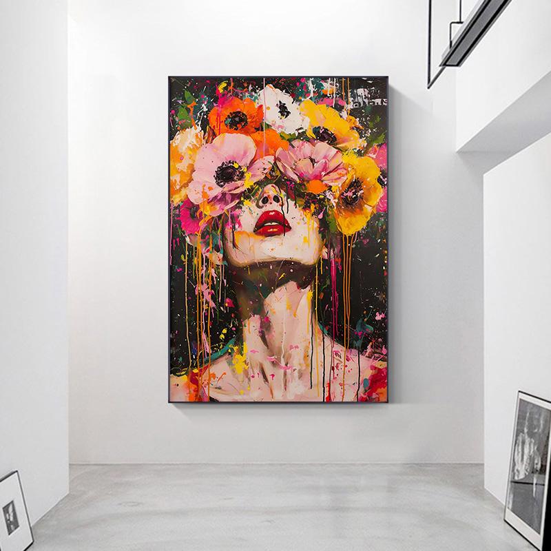 Abstract Colorful Flowers Girl Posters Wall Arts Modern Floral Lady Decorative Painting Living Room Wall Decoration No Frame